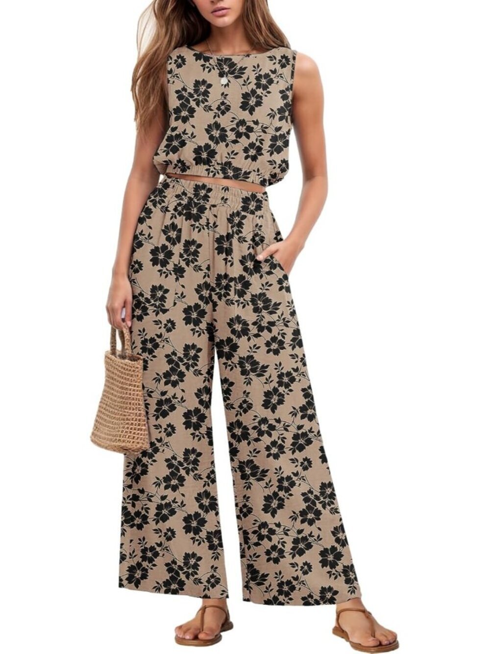 Women's Two Piece Sets Sleeveless Khaki B Crop Top Wide Leg Pants Travel Outfits